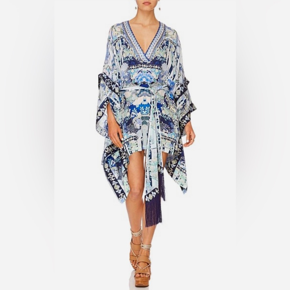 CAMILLA *Cloud Dancer* double kimono slv silk caftan dress w fringe belt OS